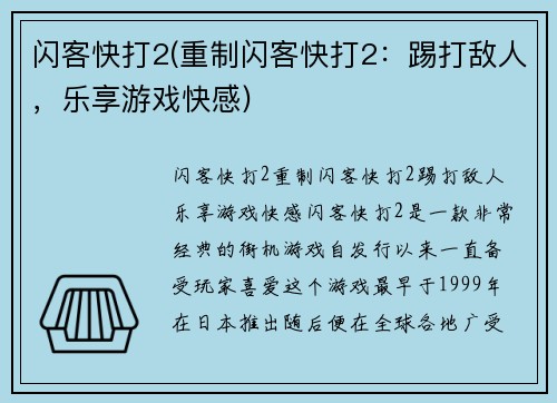 闪客快打2(重制闪客快打2：踢打敌人，乐享游戏快感)